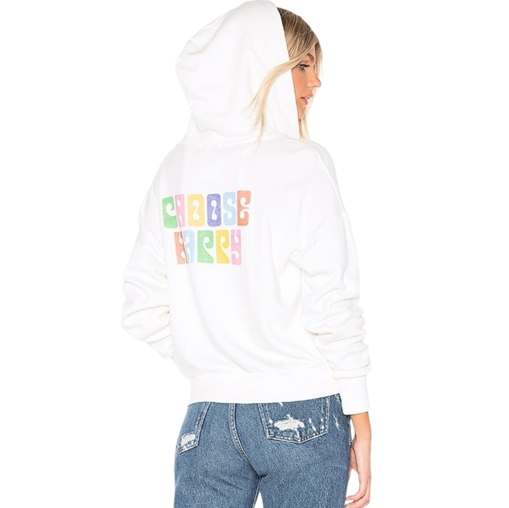 LNA Choose Happy White Cozy Full Zip Hoodie - Picture 1 of 7